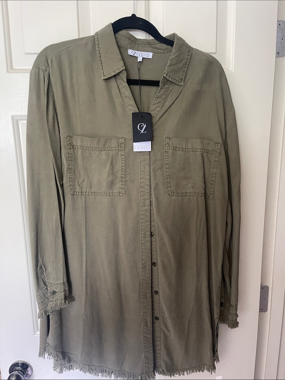 CZL Olive Green Lightweight Button-Down Shirt Dress